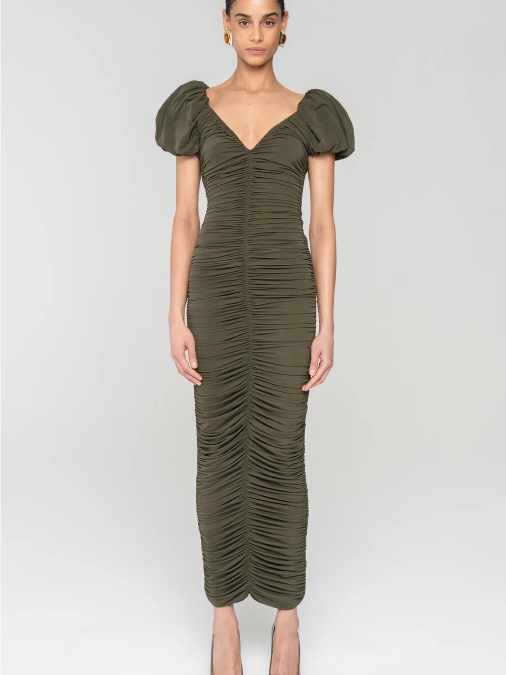 Ronny Kobo Lupine Midi Dress Ruched Bodycon Green size medium